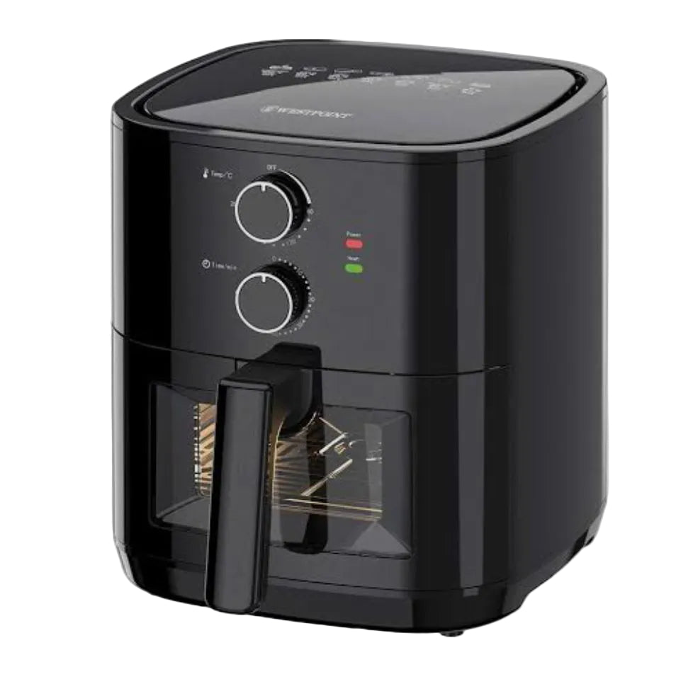 Black air fryer on a light gray background