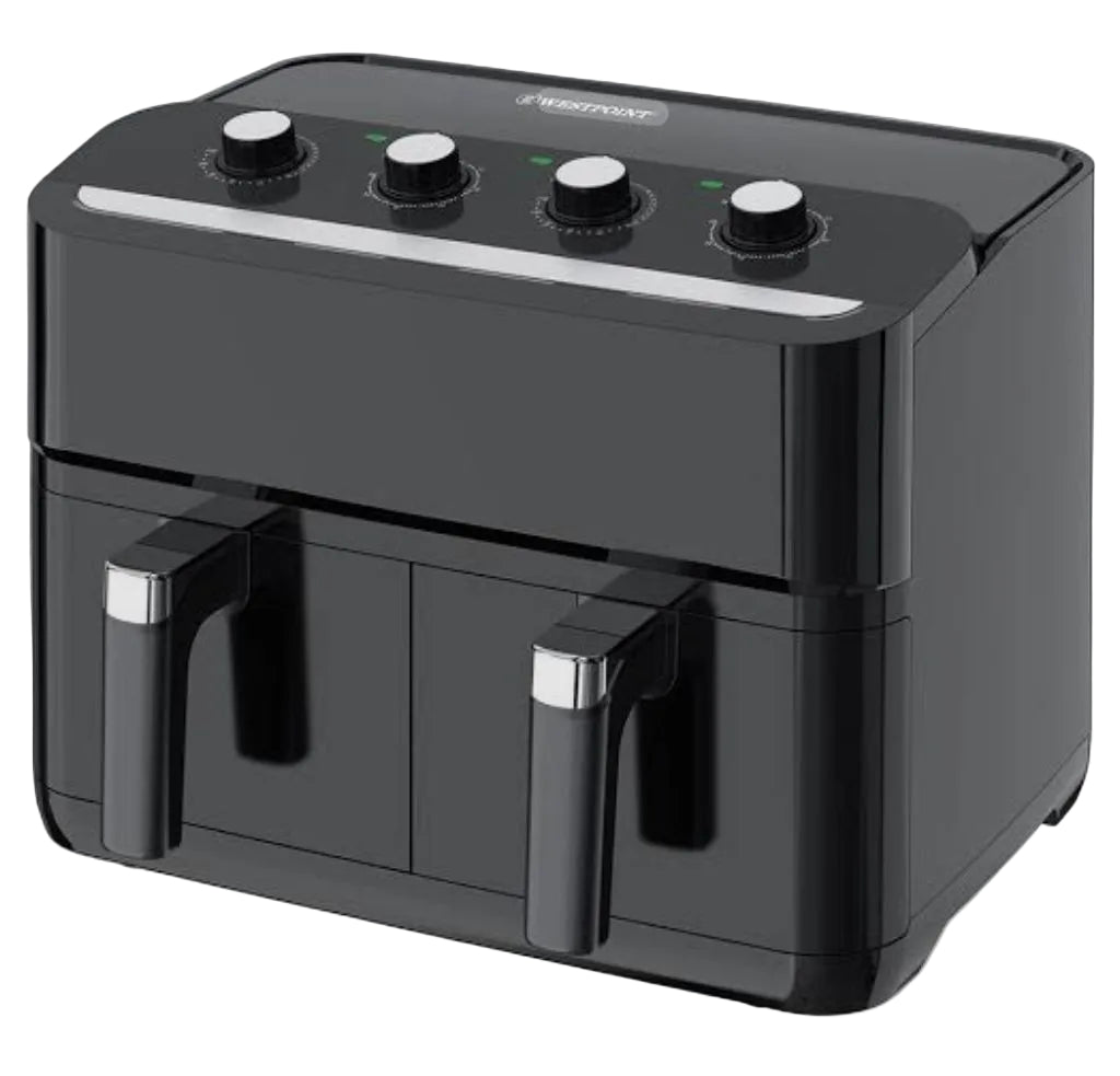 Black air fryer with control knobs on a light gray background