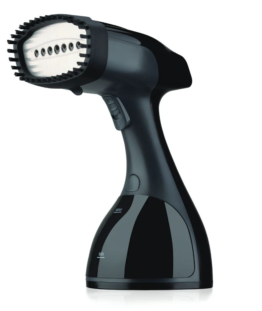Black handheld steamer on a white background