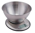Stainless steel kitchen scale with digital display on a white background