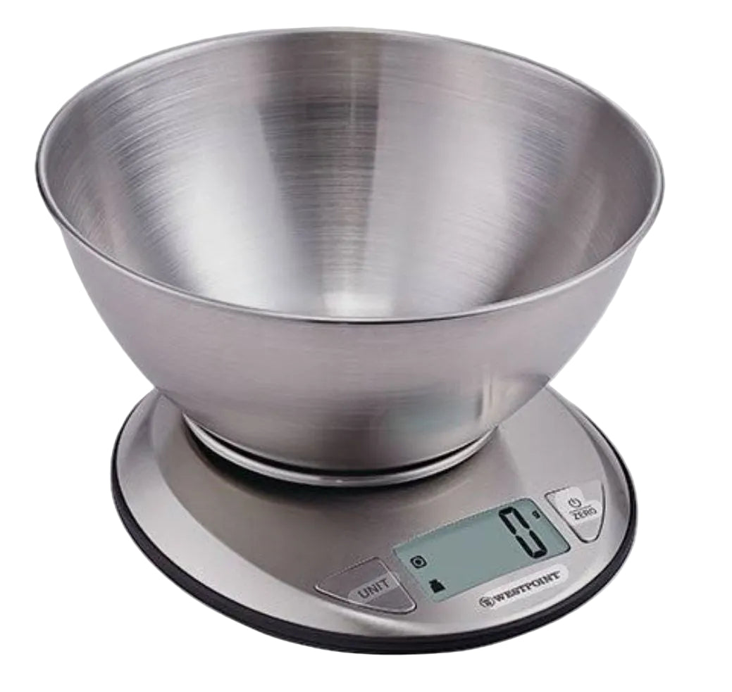 Stainless steel kitchen scale with digital display on a white background