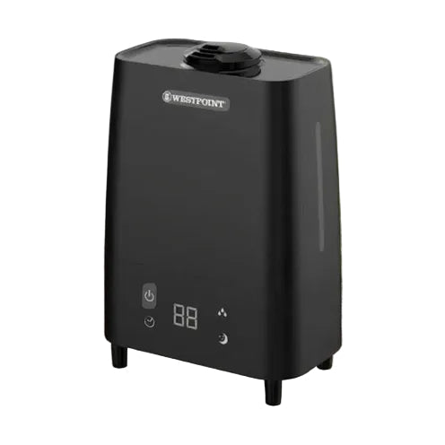 Black humidifier with digital display on a white background